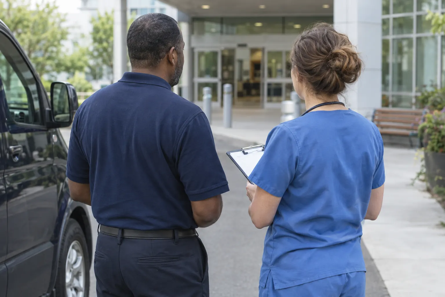 A driver and a nurse reviewing transfer paperwork at a hospital entrance